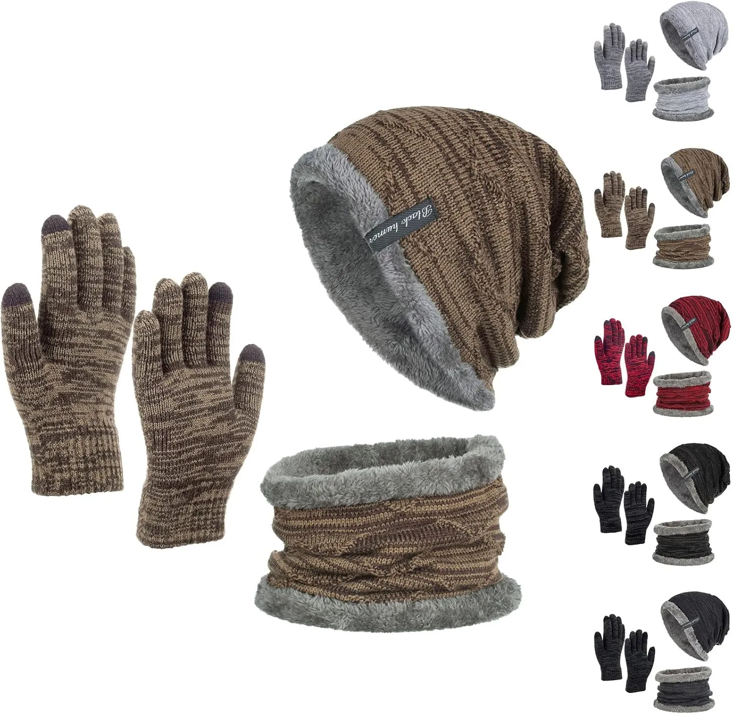 3 in 1 Winter Slouchy Beanie Hat Neck Warm Scarf and Touch Screen Gloves Set for Women and Men,Thick Knit Cap Set