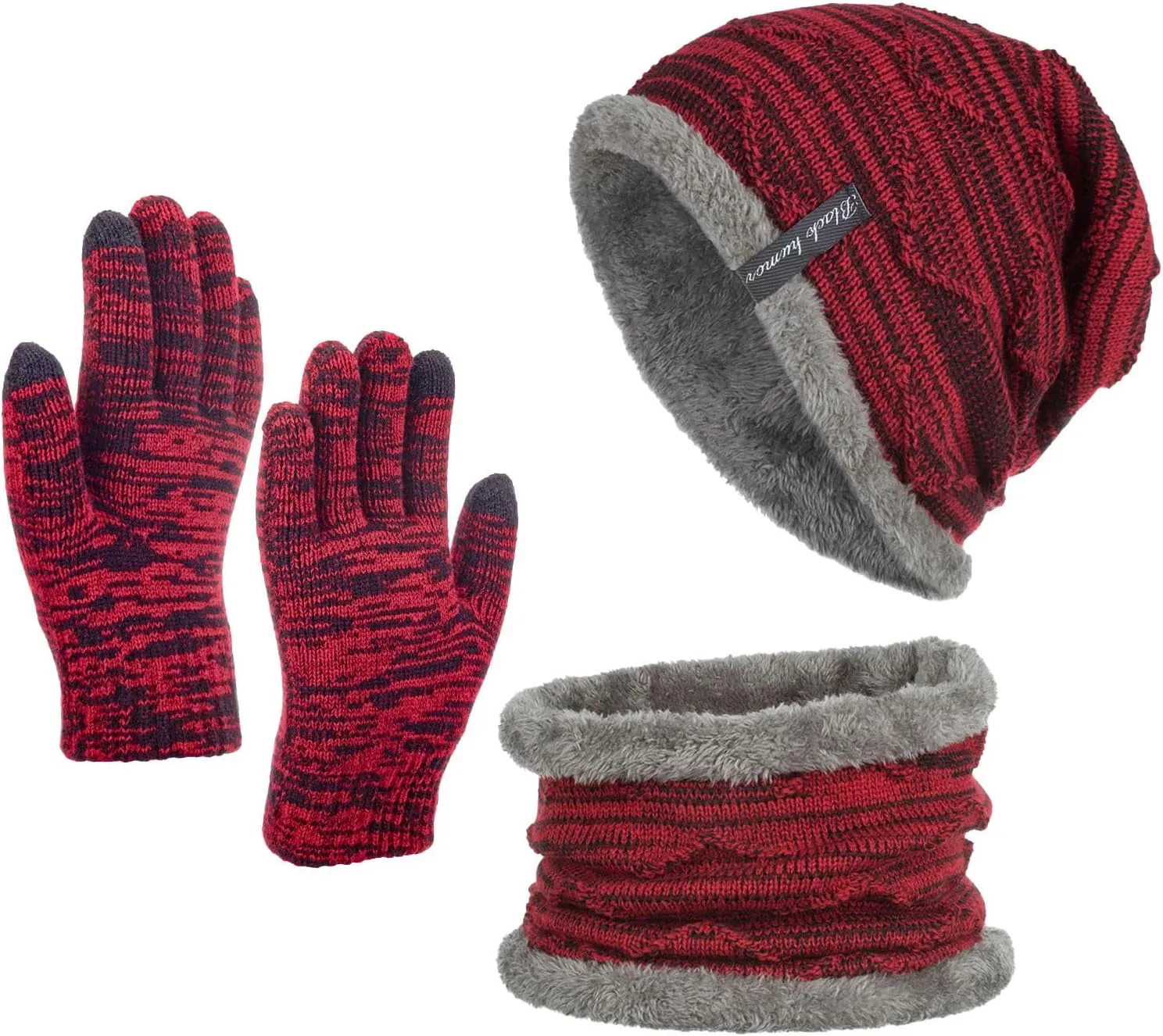 3 in 1 Winter Slouchy Beanie Hat Neck Warm Scarf and Touch Screen Gloves Set for Women and Men,Thick Knit Cap Set