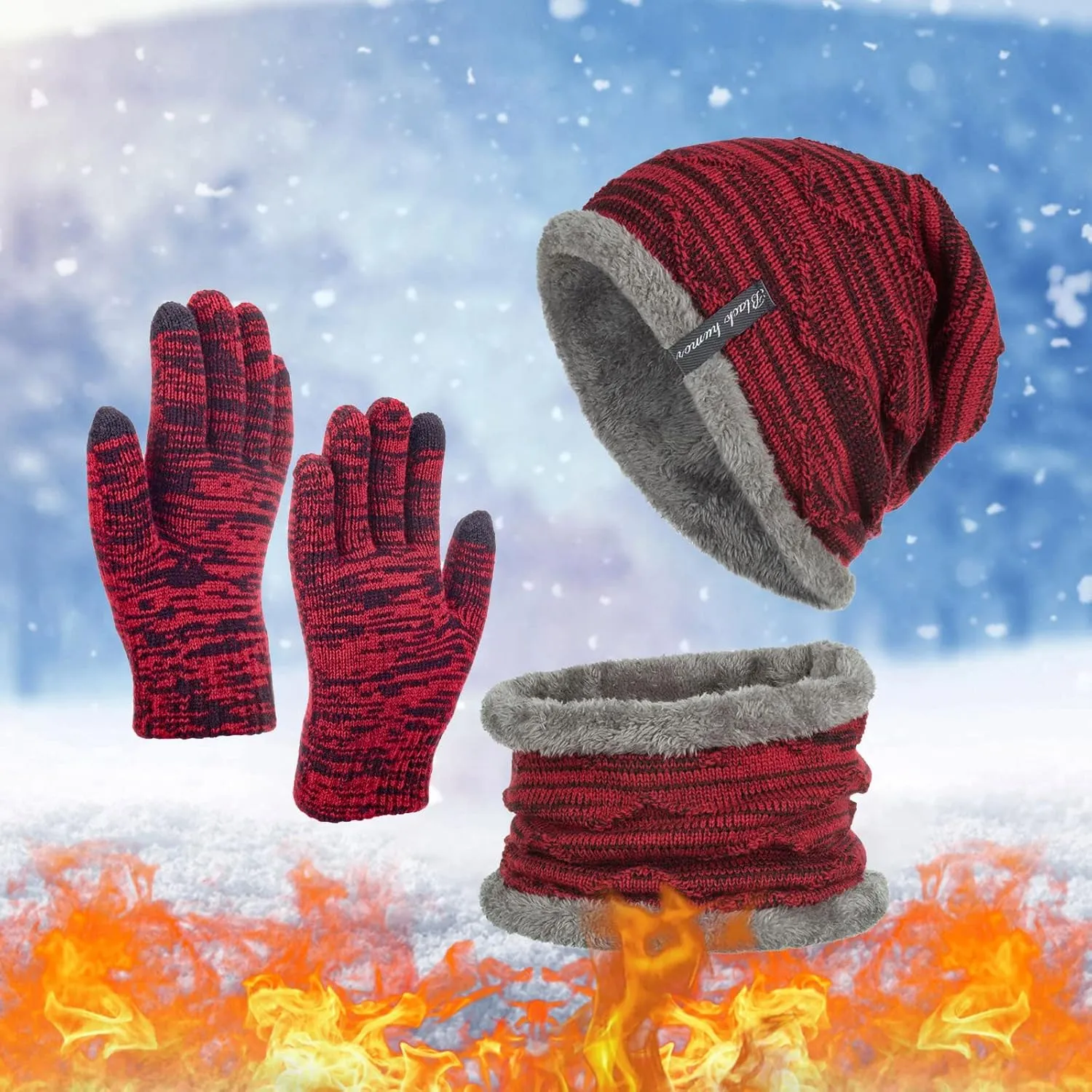 3 in 1 Winter Slouchy Beanie Hat Neck Warm Scarf and Touch Screen Gloves Set for Women and Men,Thick Knit Cap Set