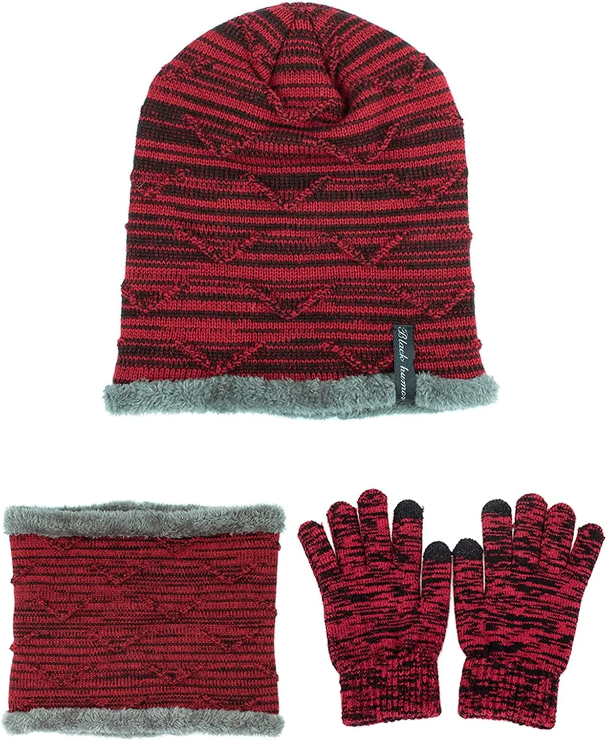 3 in 1 Winter Slouchy Beanie Hat Neck Warm Scarf and Touch Screen Gloves Set for Women and Men,Thick Knit Cap Set