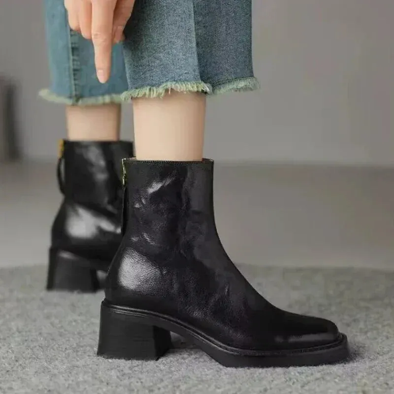 binfenxie  -  Winter/Autumn Chelsea Boots Genuine Leather Shoes for Women Retro Carved Boots Round Toe Ankle Boots British Style Women Shoes