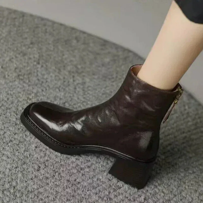 binfenxie  -  Winter/Autumn Chelsea Boots Genuine Leather Shoes for Women Retro Carved Boots Round Toe Ankle Boots British Style Women Shoes