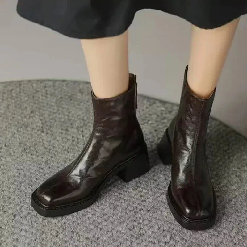 binfenxie  -  Winter/Autumn Chelsea Boots Genuine Leather Shoes for Women Retro Carved Boots Round Toe Ankle Boots British Style Women Shoes
