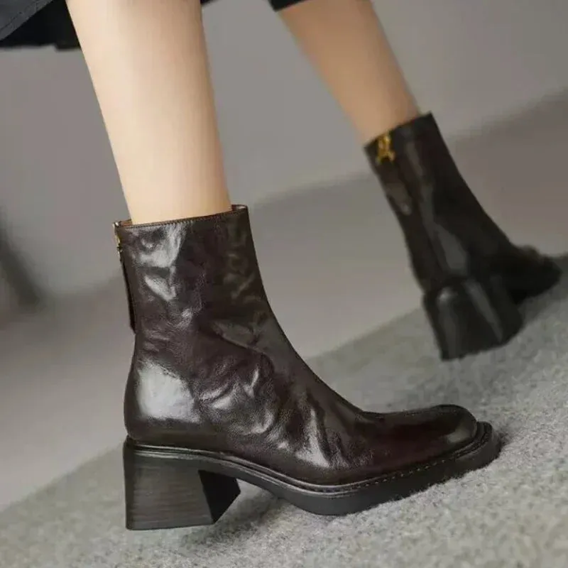 binfenxie  -  Winter/Autumn Chelsea Boots Genuine Leather Shoes for Women Retro Carved Boots Round Toe Ankle Boots British Style Women Shoes