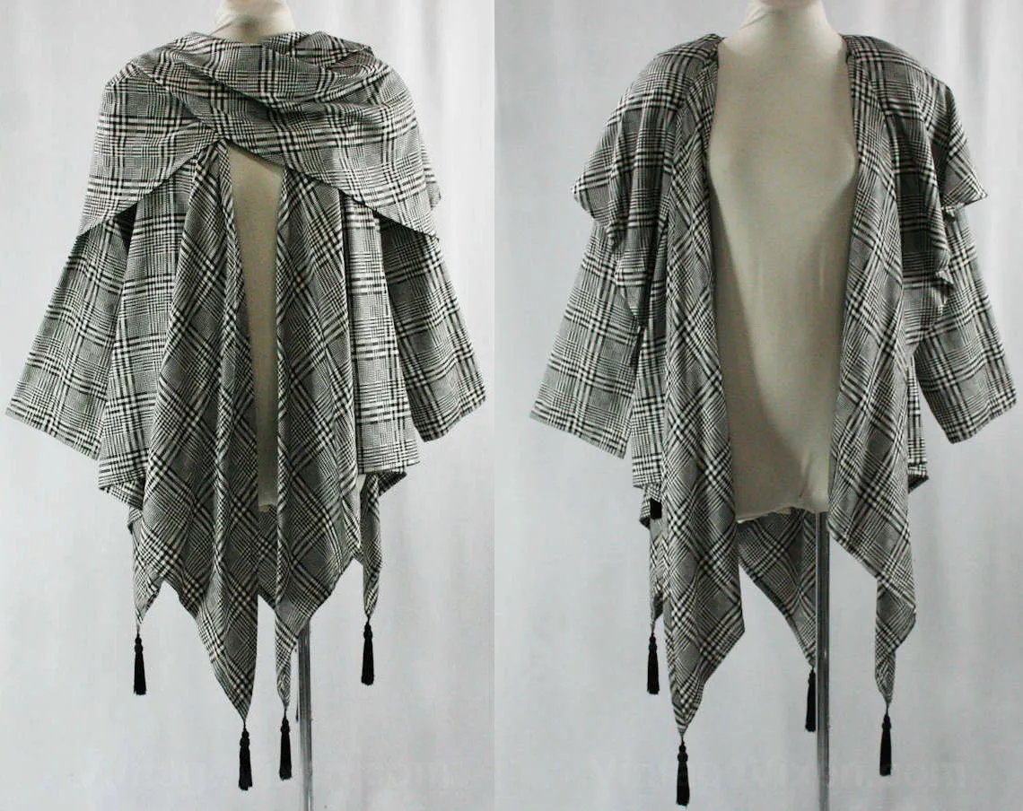 Black & White Tassel Cape Jacket - Any Size 1980s Unique Street Business Wear - Elegant Glen Plaid - Designer Dan DeSantis 1987 Deadstock