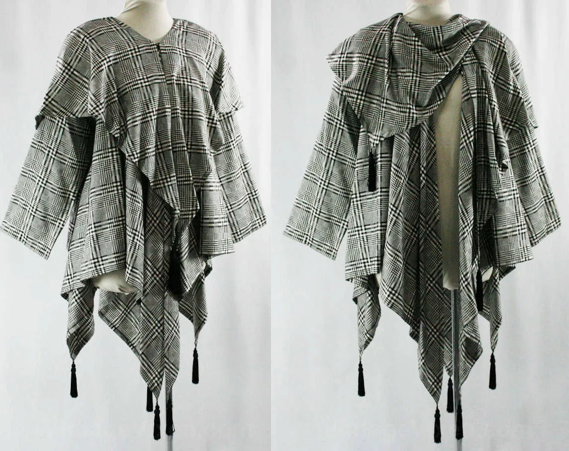 Black & White Tassel Cape Jacket - Any Size 1980s Unique Street Business Wear - Elegant Glen Plaid - Designer Dan DeSantis 1987 Deadstock