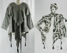 Black & White Tassel Cape Jacket - Any Size 1980s Unique Street Business Wear - Elegant Glen Plaid - Designer Dan DeSantis 1987 Deadstock