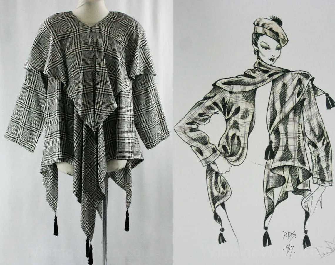 Black & White Tassel Cape Jacket - Any Size 1980s Unique Street Business Wear - Elegant Glen Plaid - Designer Dan DeSantis 1987 Deadstock