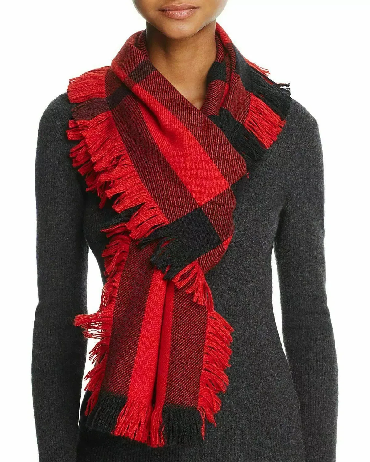 Burberry Red Half Mega Fashion Check Fringe Wool Scarf