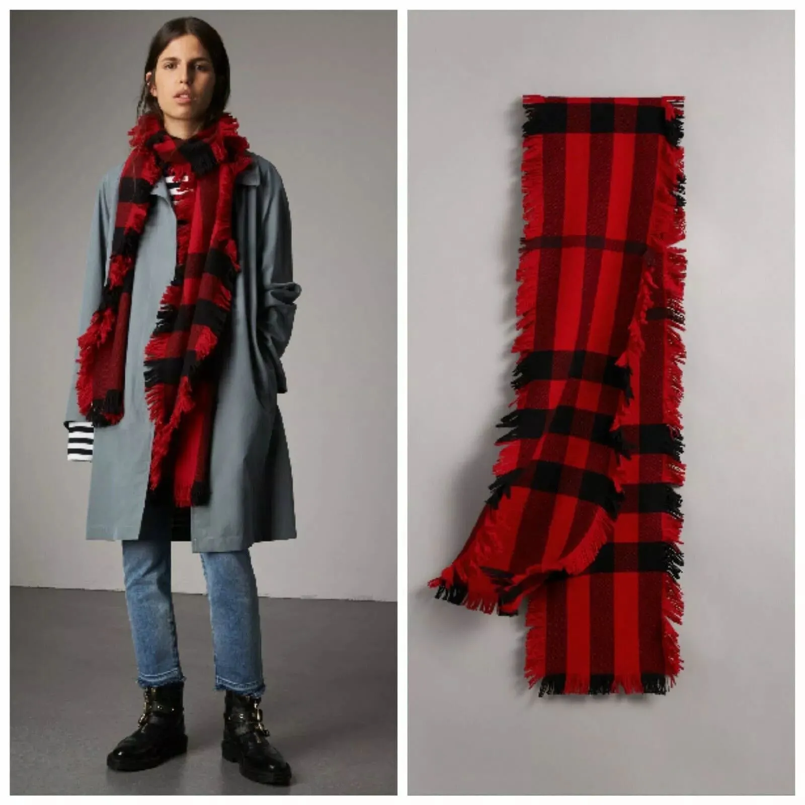Burberry Red Half Mega Fashion Check Fringe Wool Scarf