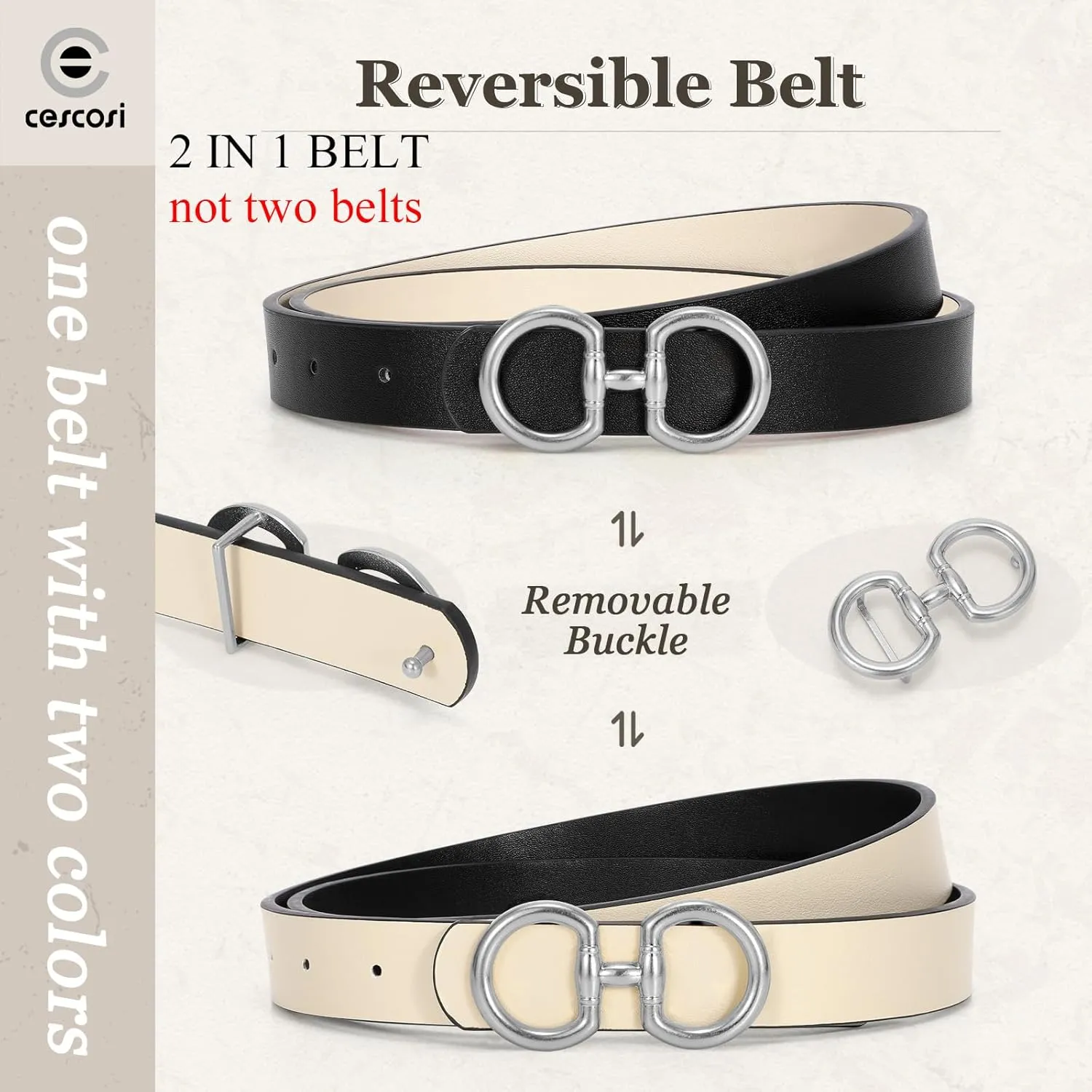CESCOSI Reversible Leather Belt for Women with Gold Buckle 0.9 Width Ladies Leather Belt for Jeans Pants