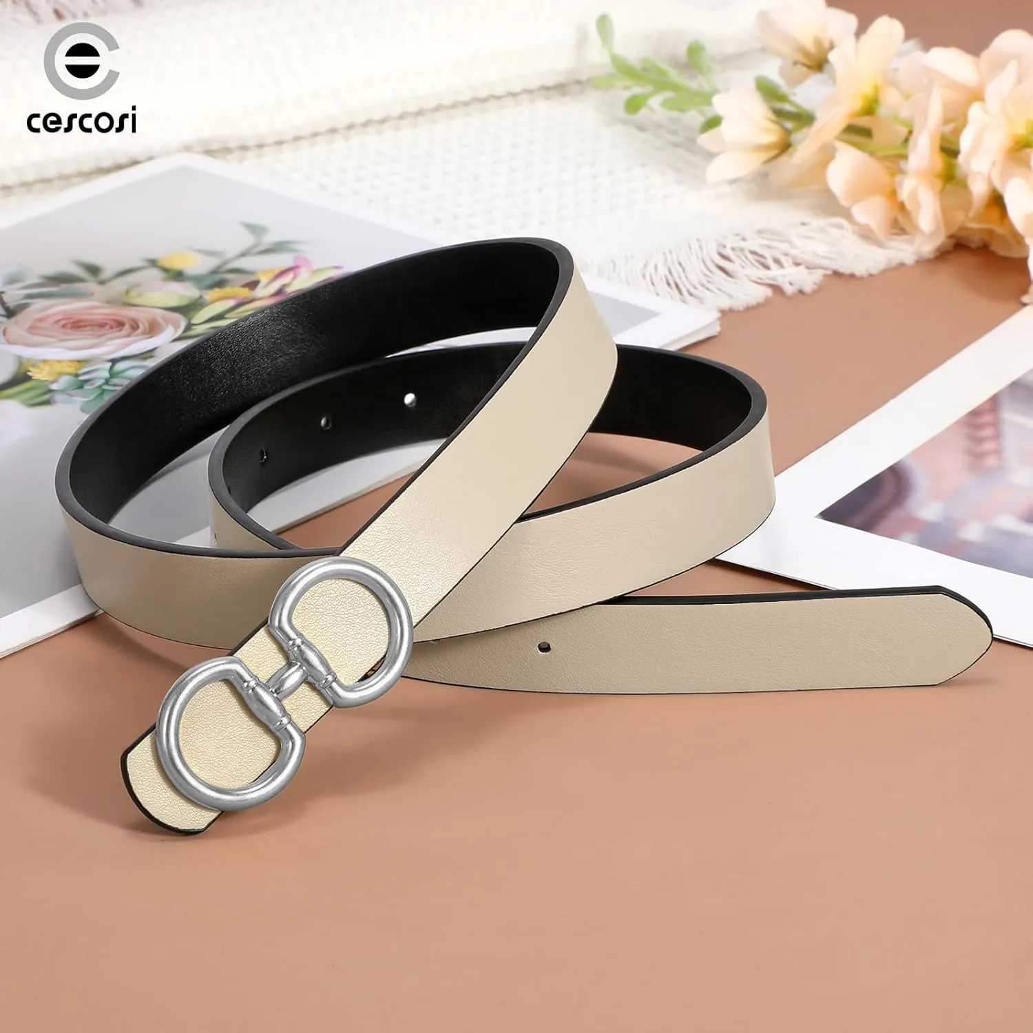 CESCOSI Reversible Leather Belt for Women with Gold Buckle 0.9 Width Ladies Leather Belt for Jeans Pants