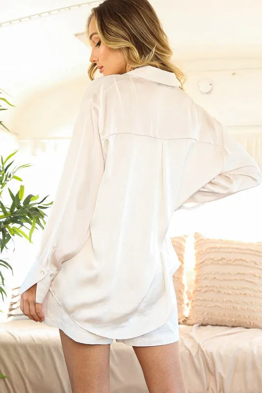 Champagne Long Sleeve Flowy Shirt With Lapel Collar Satin Shirt