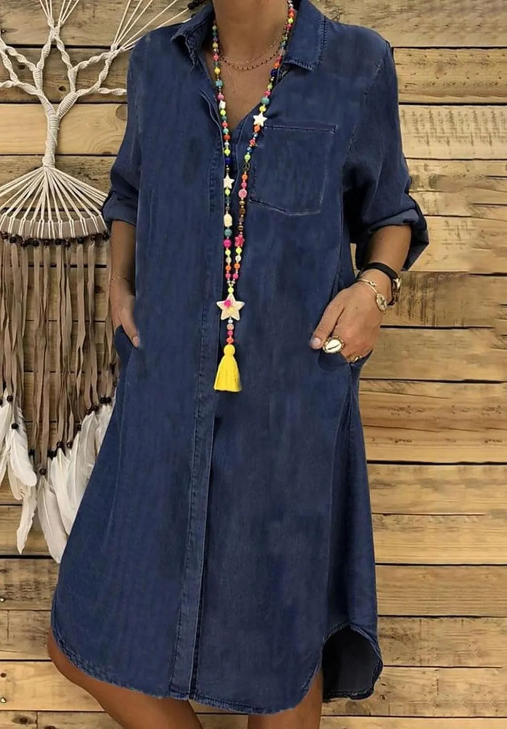 CHARTOU Women Long Sleeve Denim Button Up Shirt Dress Midi Jean Dress Flowy Tunic Shift Dress Flared A Line Dress