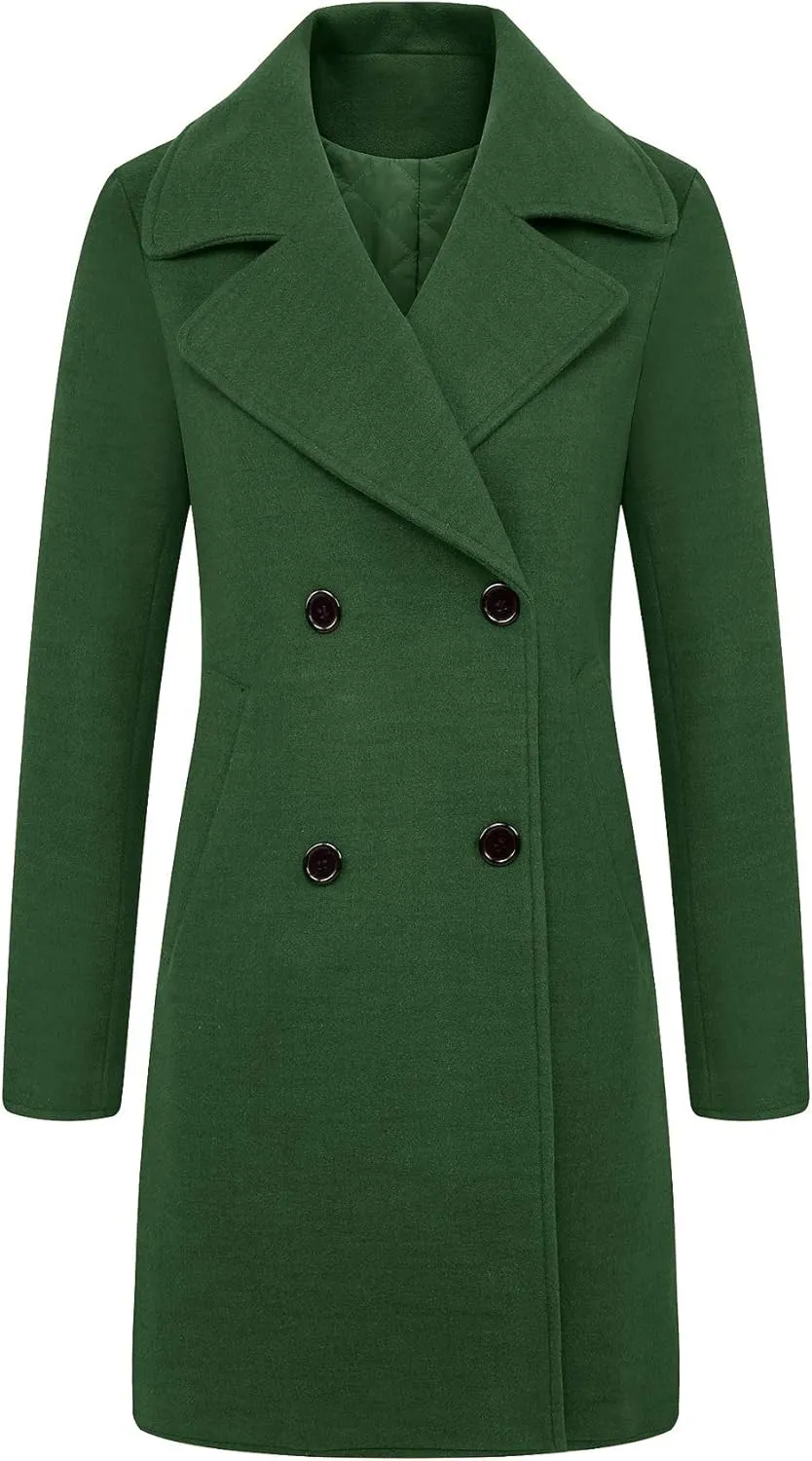 CHARTOU Women's Chic Notched Collar Double-Breasted Quilted Wool Blend Jacket Trench Coat