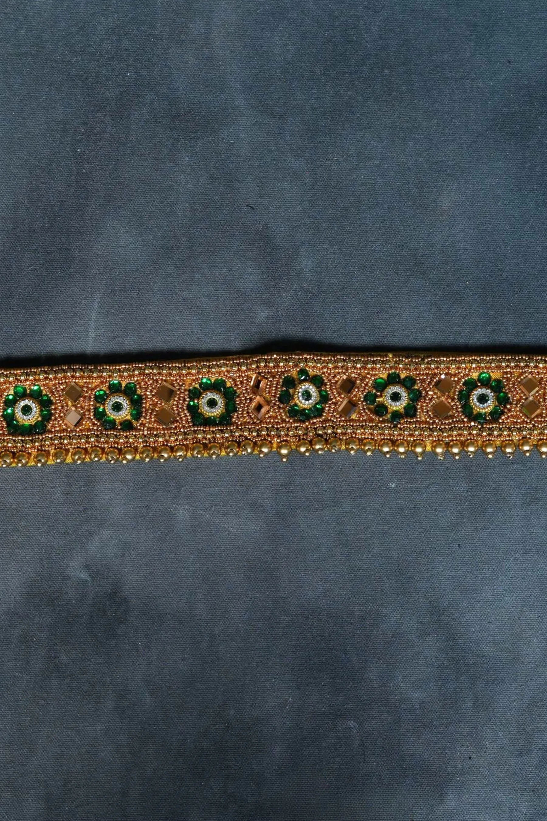 Chic Harmony: Aari Work Hip Belt with Green & White Stones |JCSFashions