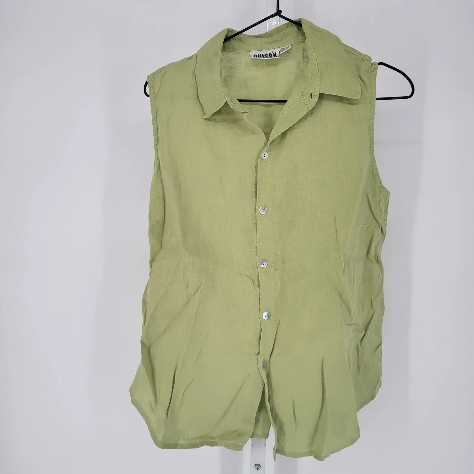 Chicos Womens Sz 1 (M) 100% Linen Button Up Sleeveless Blouse Lime Green