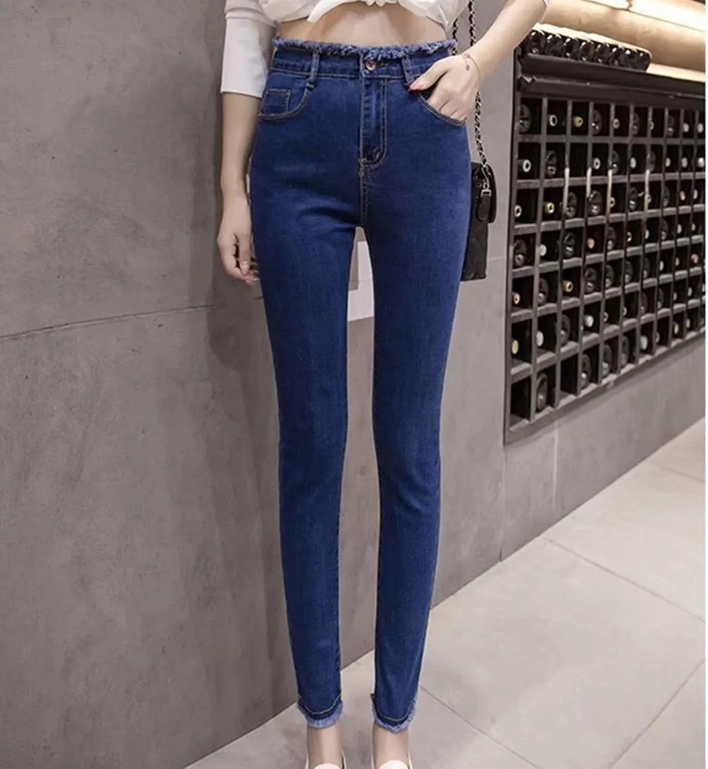 DGHM-JLMY Women's High Waist Raw Edge Skinny Jeans Button Fly High Rise Distressed Denim Jeans Hem Stretch Casual Jeans