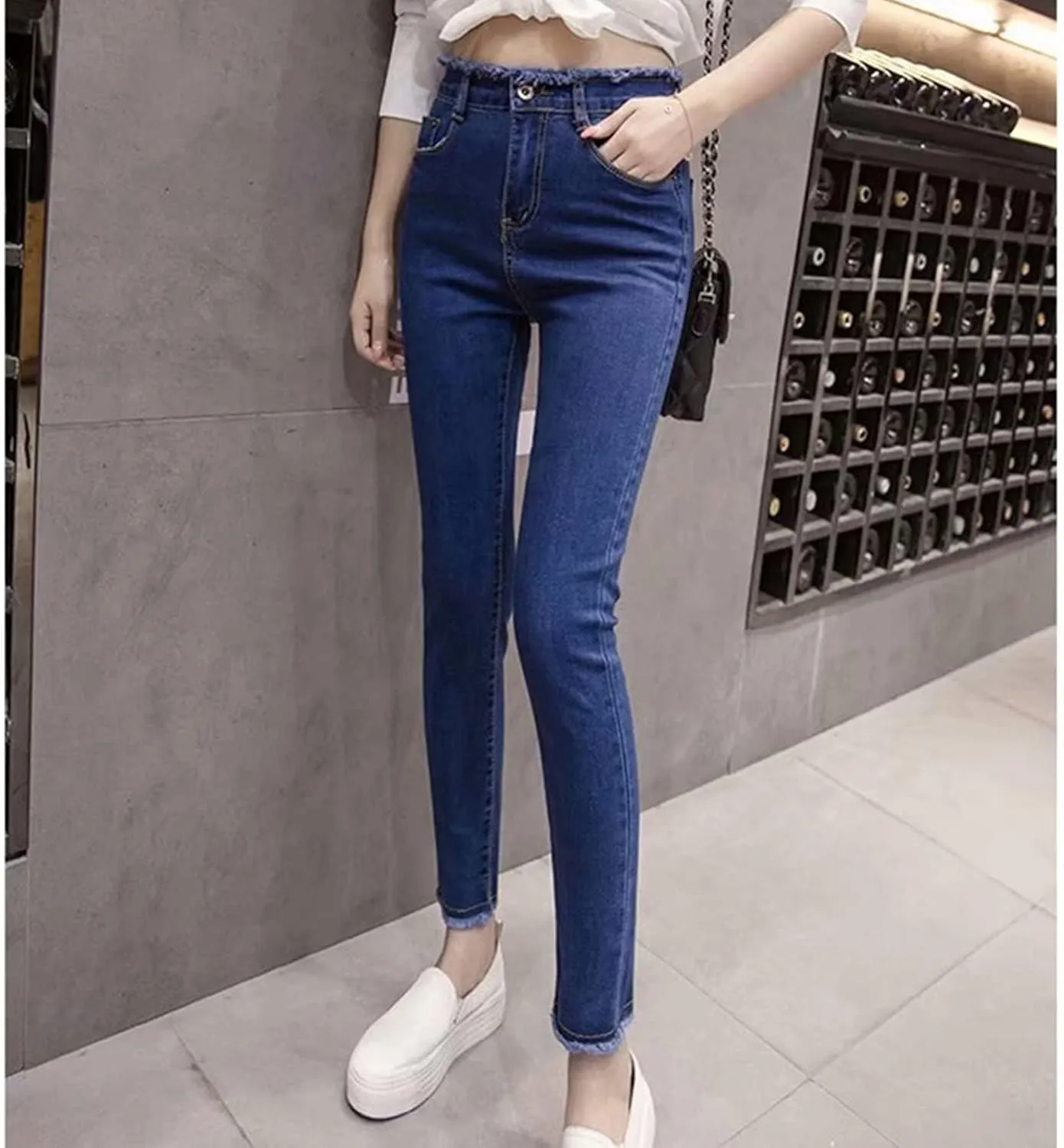 DGHM-JLMY Women's High Waist Raw Edge Skinny Jeans Button Fly High Rise Distressed Denim Jeans Hem Stretch Casual Jeans