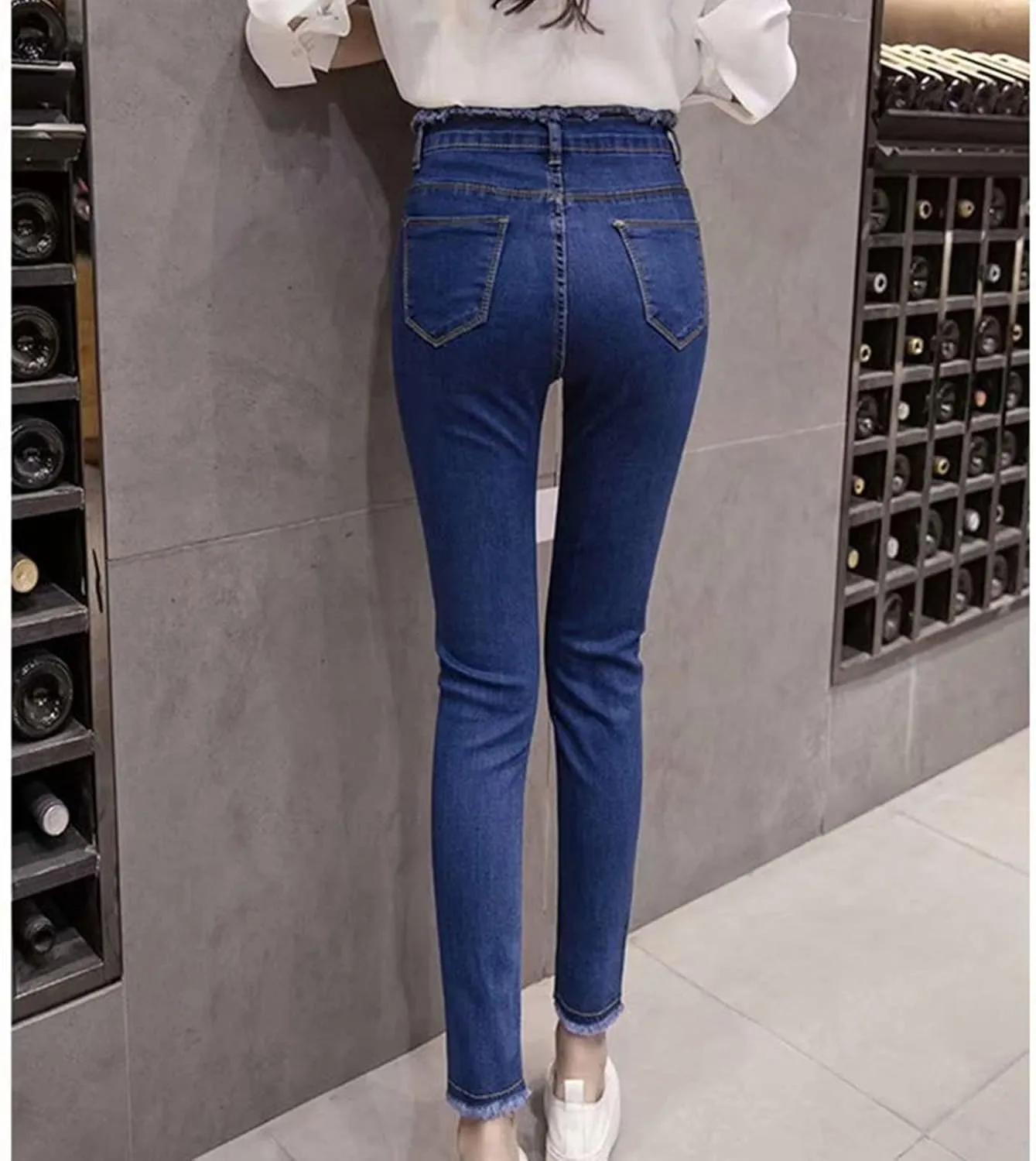DGHM-JLMY Women's High Waist Raw Edge Skinny Jeans Button Fly High Rise Distressed Denim Jeans Hem Stretch Casual Jeans