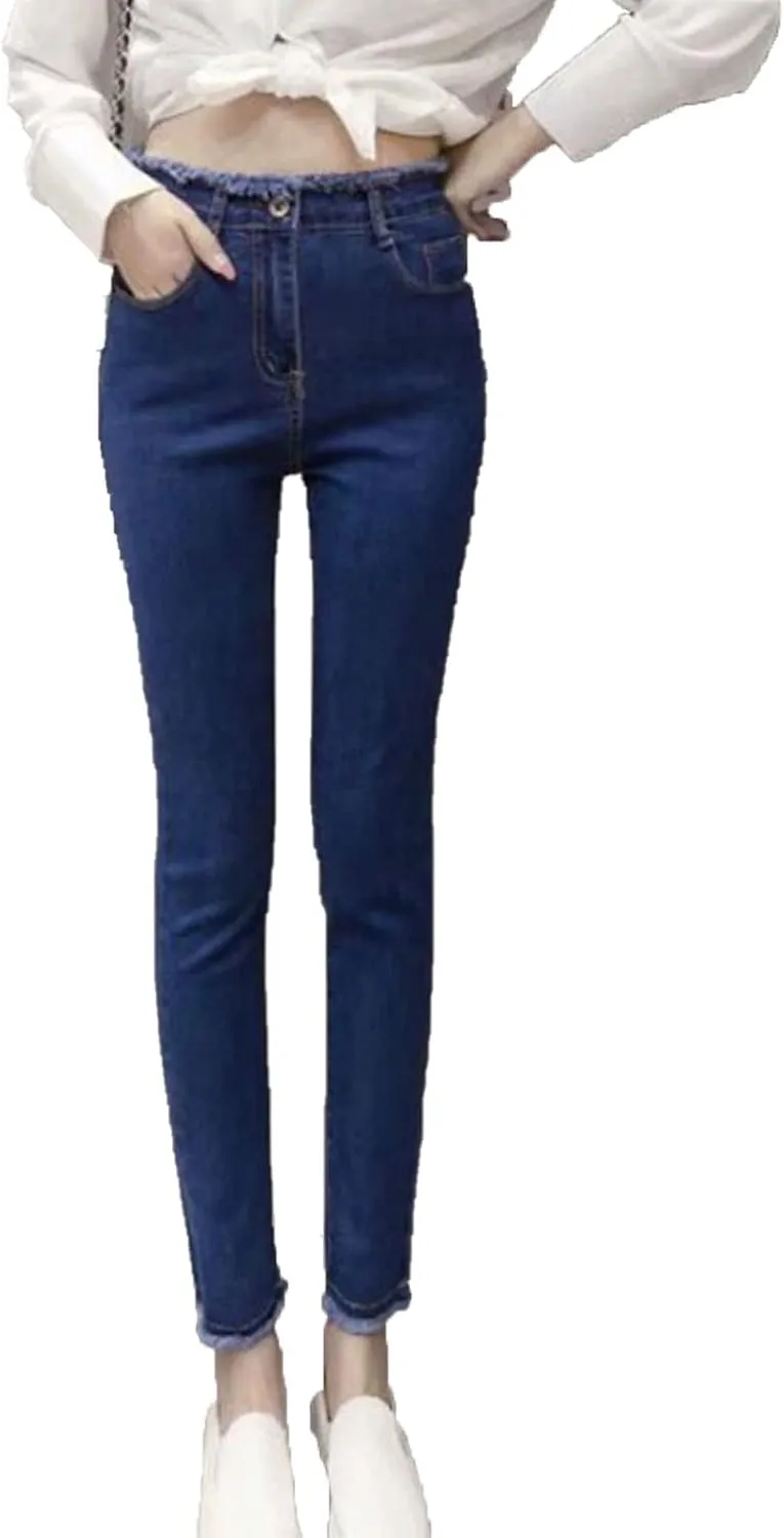 DGHM-JLMY Women's High Waist Raw Edge Skinny Jeans Button Fly High Rise Distressed Denim Jeans Hem Stretch Casual Jeans