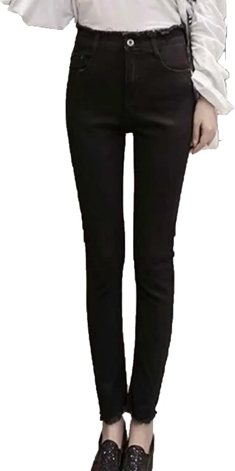 DGHM-JLMY Women's High Waist Raw Edge Skinny Jeans Button Fly High Rise Distressed Denim Jeans Hem Stretch Casual Jeans