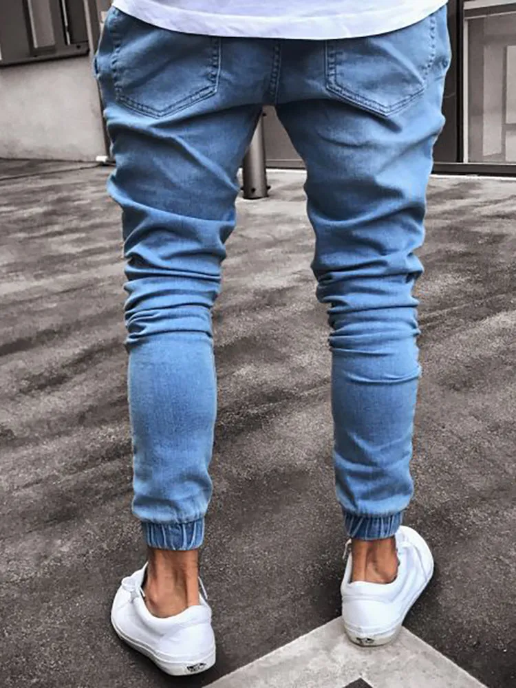 Elastic-Cuff Solid Color Pleated Slim Jeans