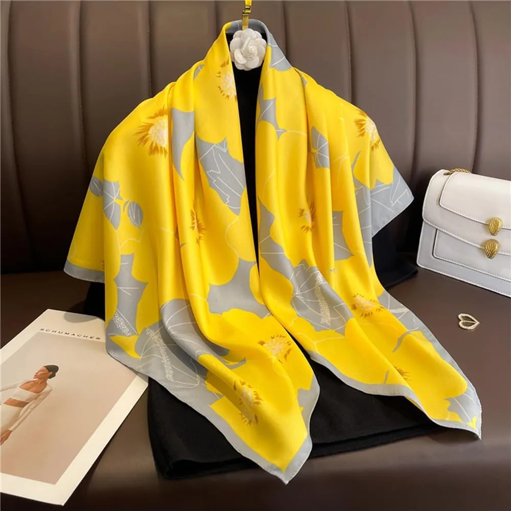 Fashion and Elegant Silk Feeling Scarf Square Satin Retro Style Sunscreen Head Scarf for Women Digital Printed