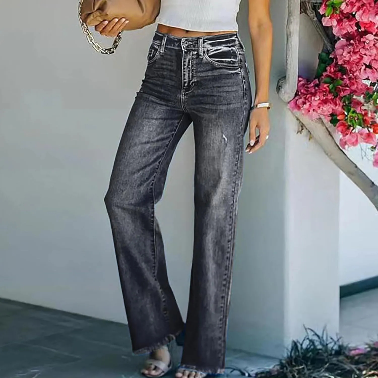 Flare Jeans for Women Fashion High Waist Button Denim Pants Casual Stretch Bootcut Jeans Skinny Bell Bottom Jeans