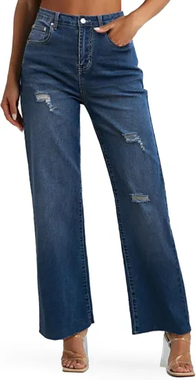 Genleck Women's Wide Leg Jeans - Casual High Waisted Stretchy Jeans Straight Leg Denim Pants with Pockets