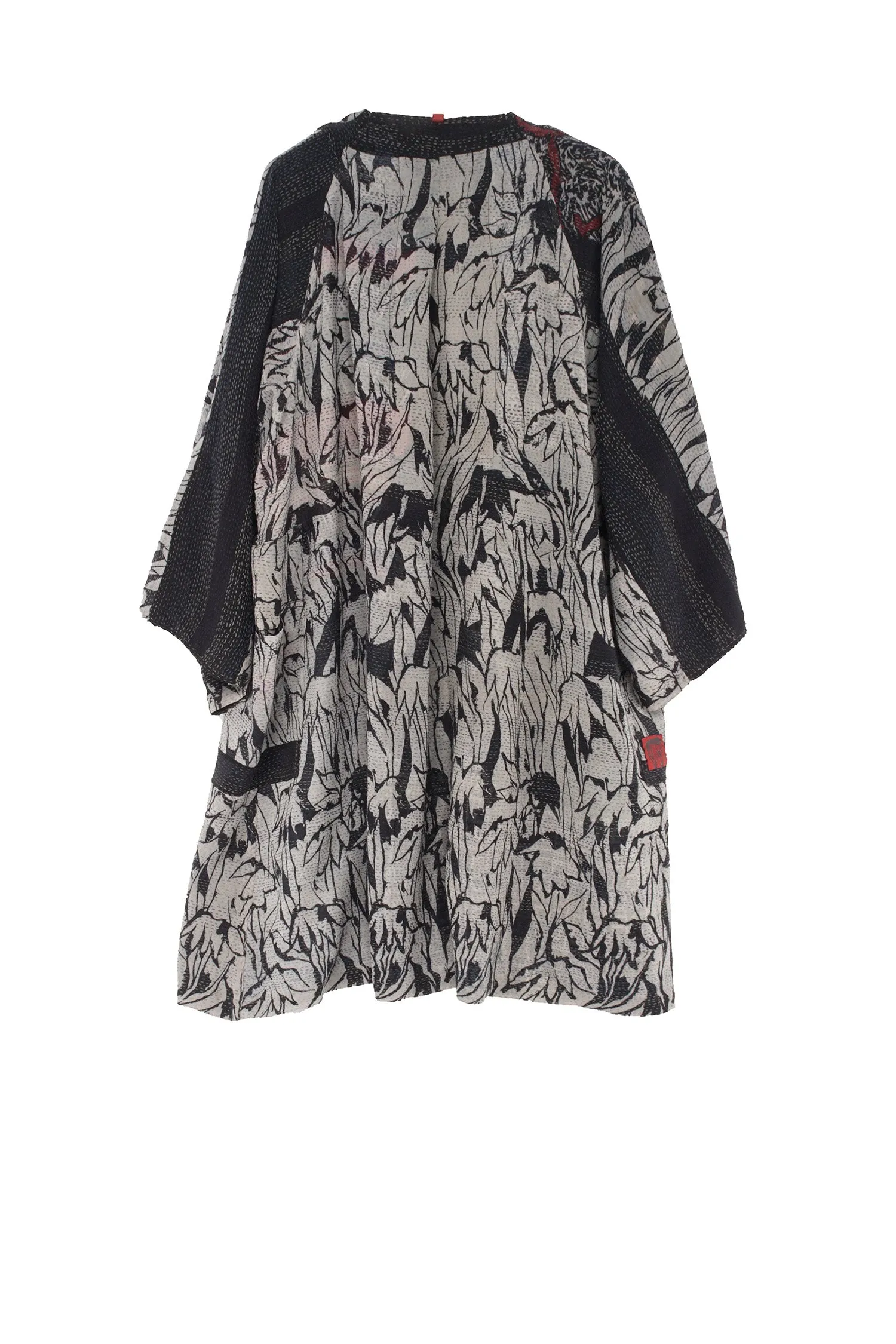 GEORGETTE VINTAGE SILK PATCH KANTHA KIMONO DUSTER - gs2317-blk -
