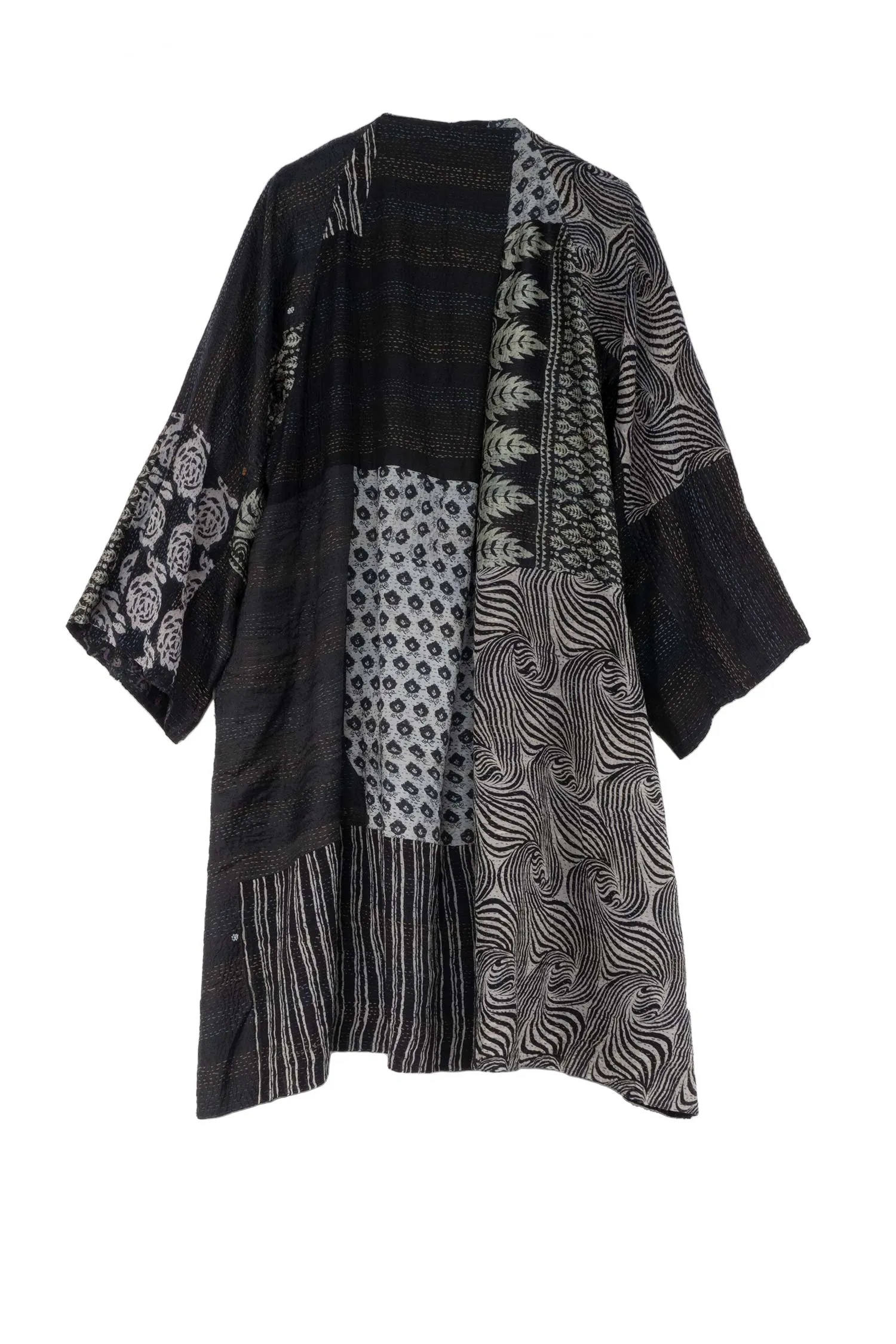 GEORGETTE VINTAGE SILK PATCH KANTHA KIMONO DUSTER - gs2317-blk -