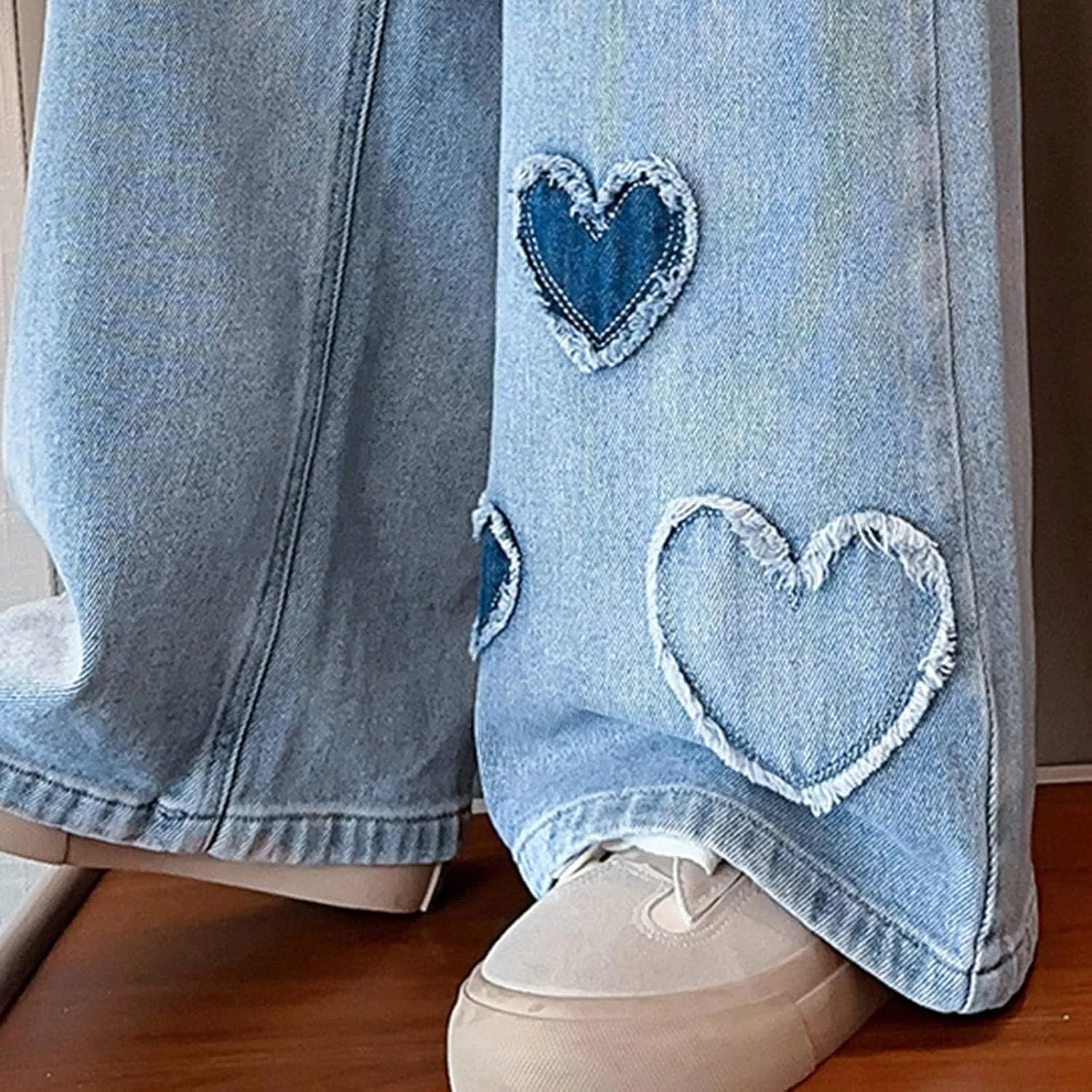 Girls Casual Wide Leg Jeans,Kids Ripped Distressed Washed Baggy Denim Pants Girl Casual Jeans with Pockets