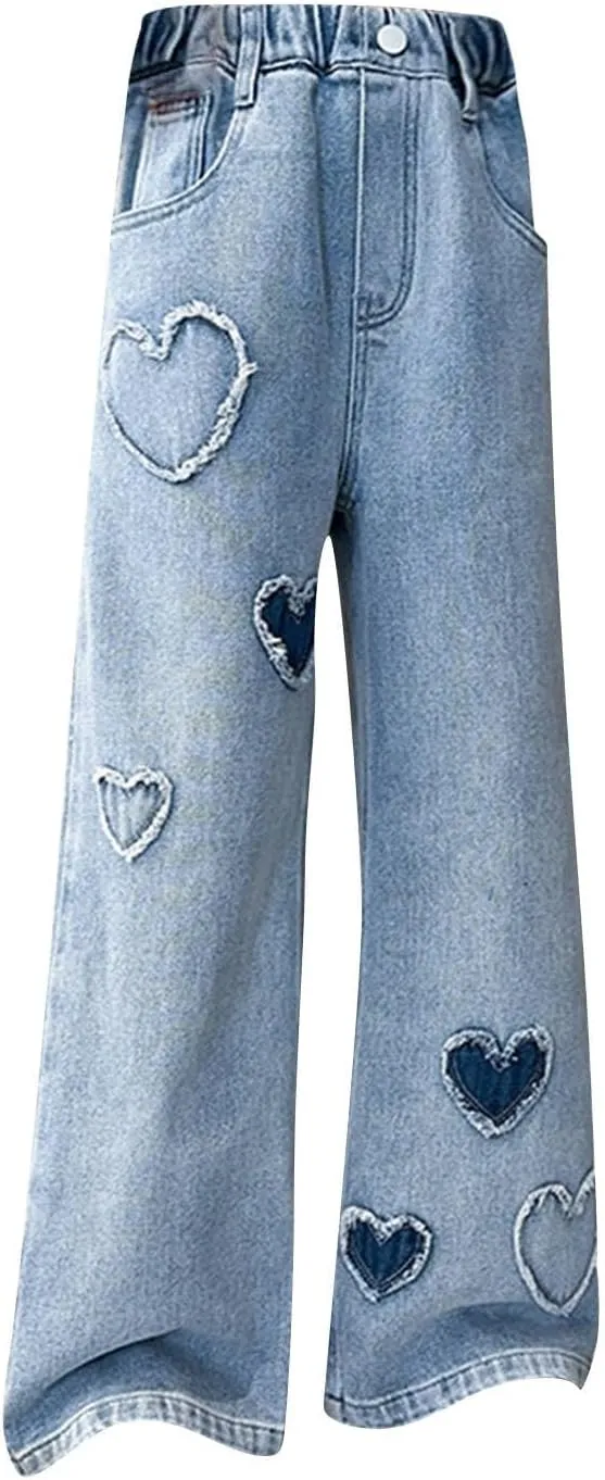 Girls Casual Wide Leg Jeans,Kids Ripped Distressed Washed Baggy Denim Pants Girl Casual Jeans with Pockets