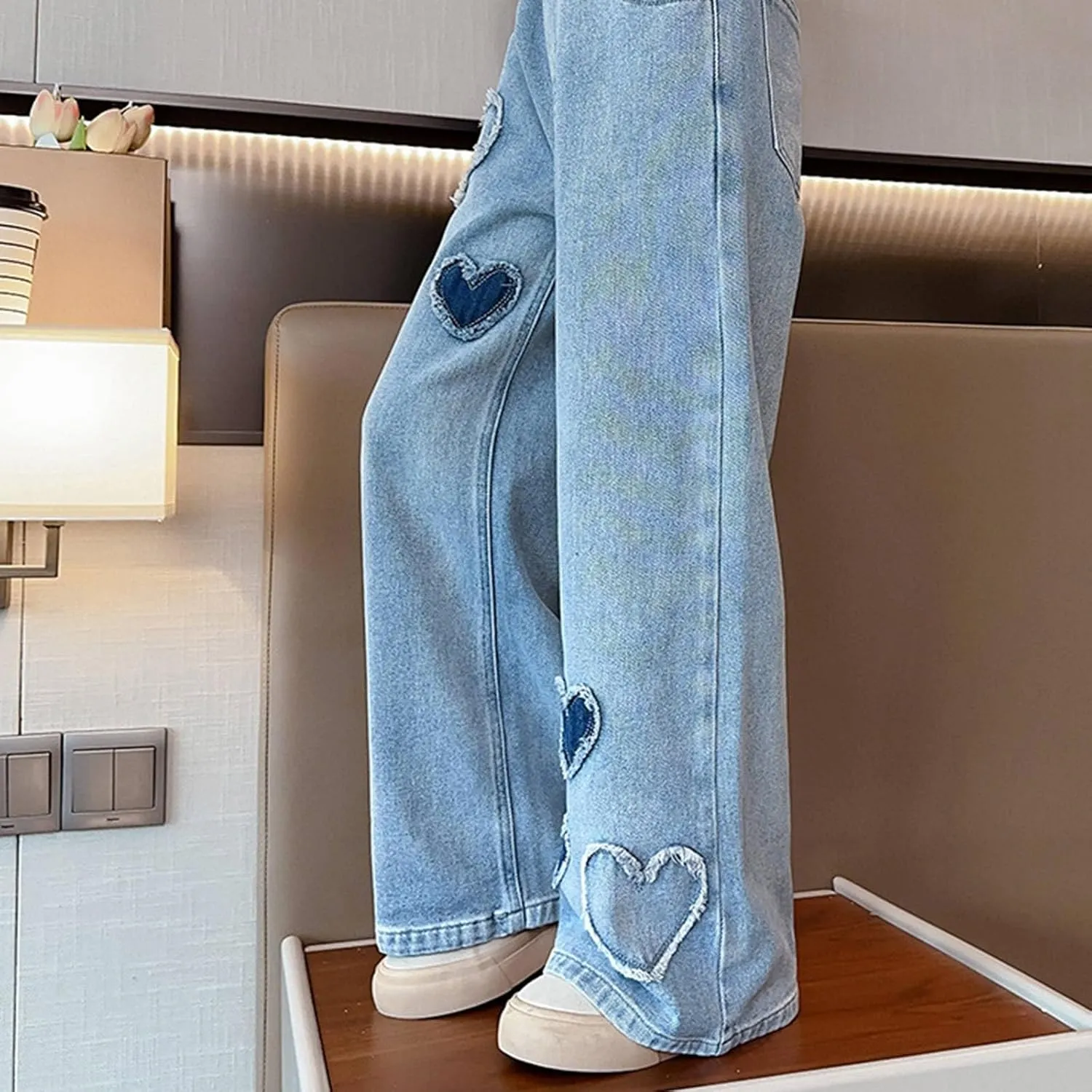 Girls Casual Wide Leg Jeans,Kids Ripped Distressed Washed Baggy Denim Pants Girl Casual Jeans with Pockets