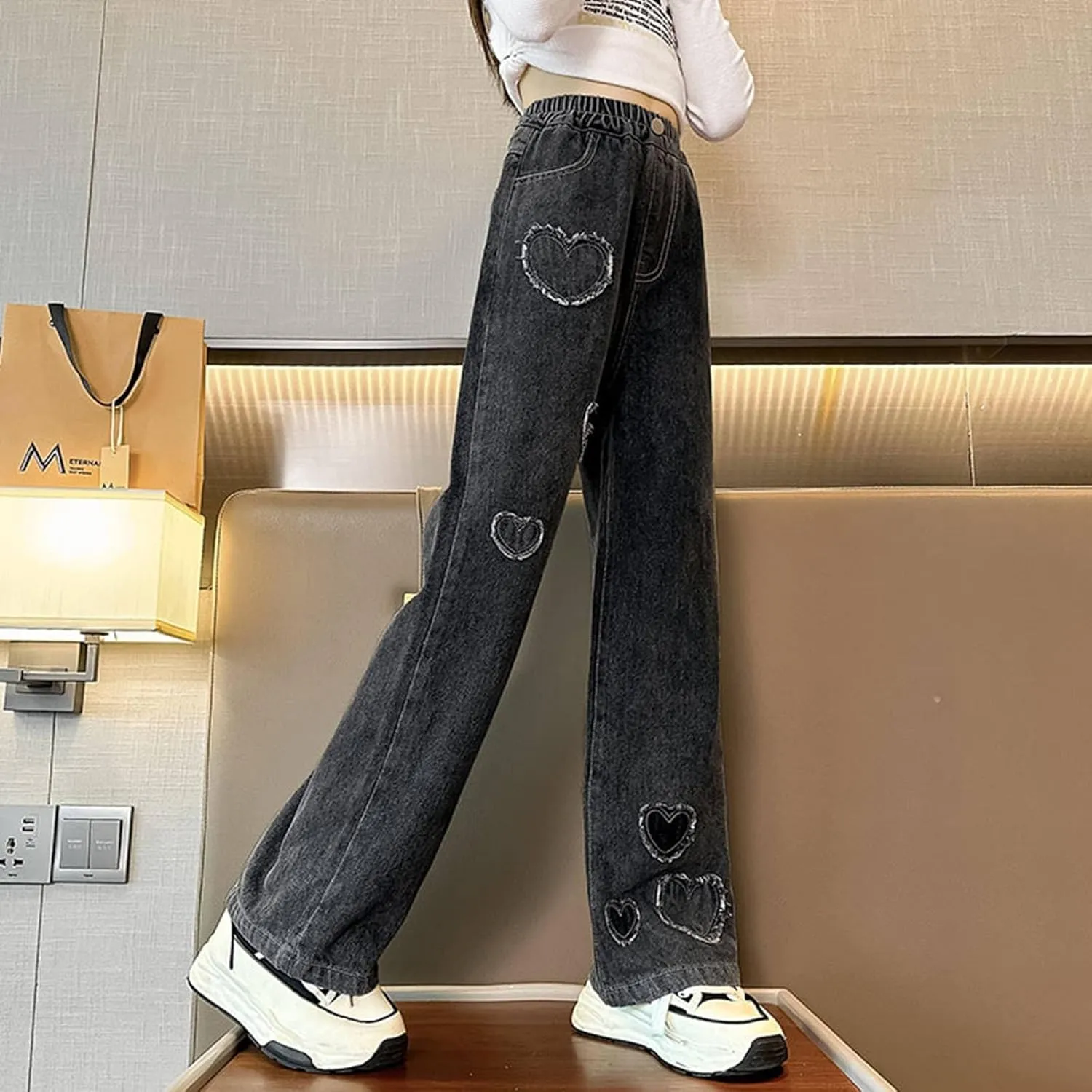 Girls Casual Wide Leg Jeans,Kids Ripped Distressed Washed Baggy Denim Pants Girl Casual Jeans with Pockets