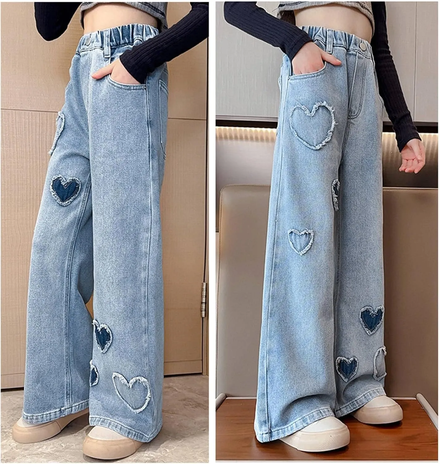 Girls Casual Wide Leg Jeans,Kids Ripped Distressed Washed Baggy Denim Pants Girl Casual Jeans with Pockets