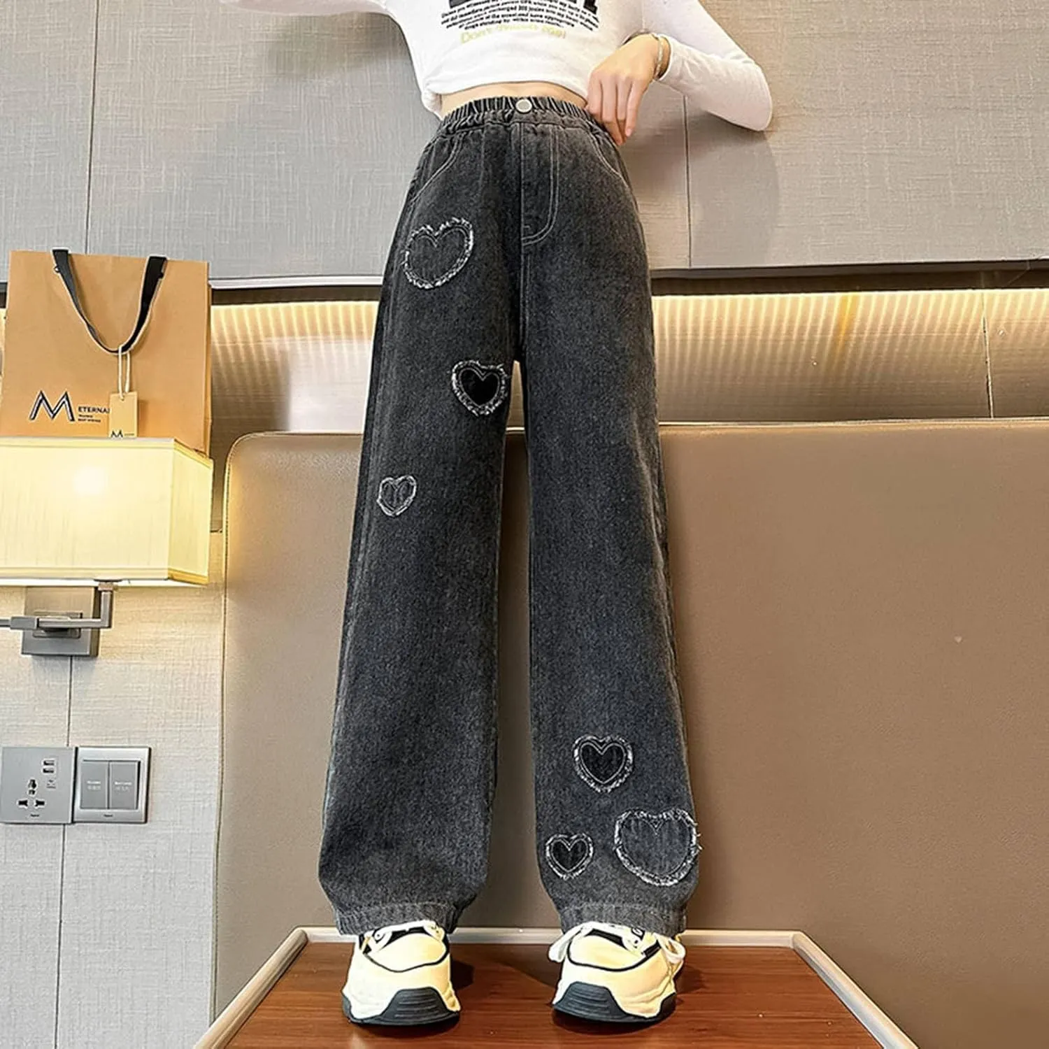 Girls Casual Wide Leg Jeans,Kids Ripped Distressed Washed Baggy Denim Pants Girl Casual Jeans with Pockets