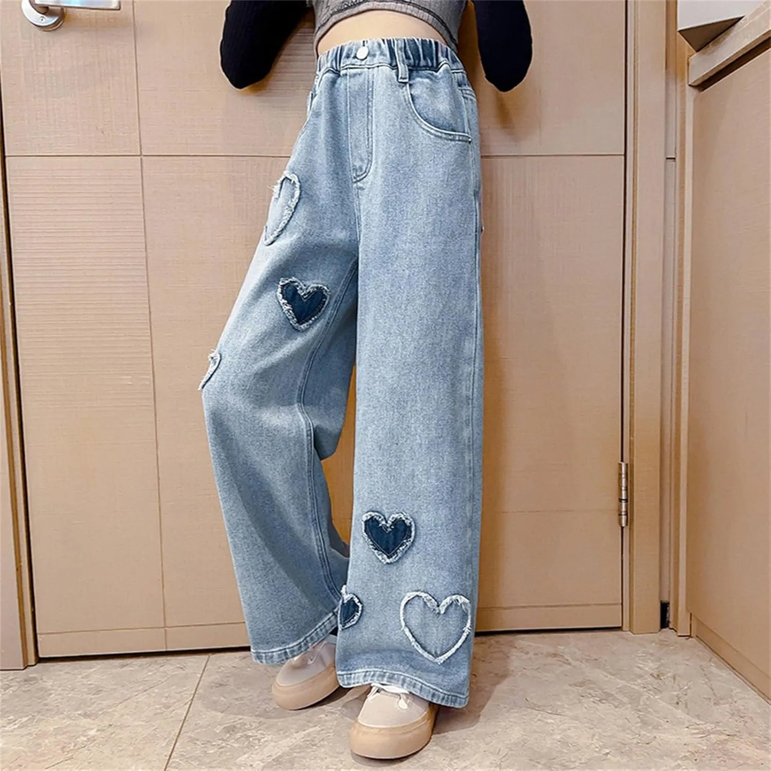 Girls Casual Wide Leg Jeans,Kids Ripped Distressed Washed Baggy Denim Pants Girl Casual Jeans with Pockets