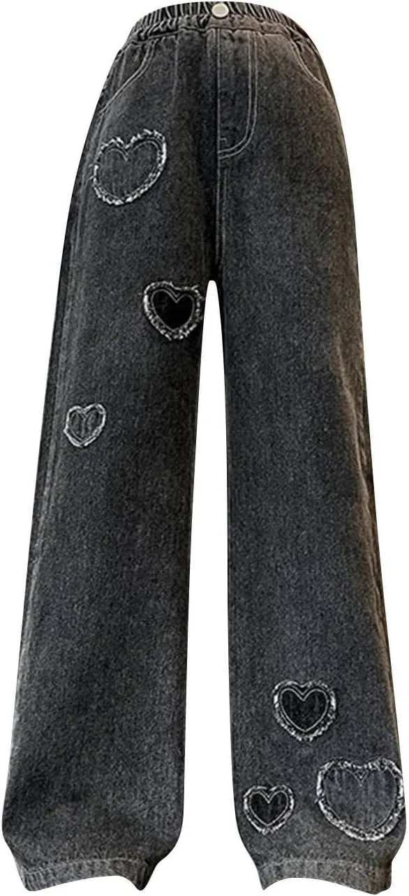 Girls Casual Wide Leg Jeans,Kids Ripped Distressed Washed Baggy Denim Pants Girl Casual Jeans with Pockets