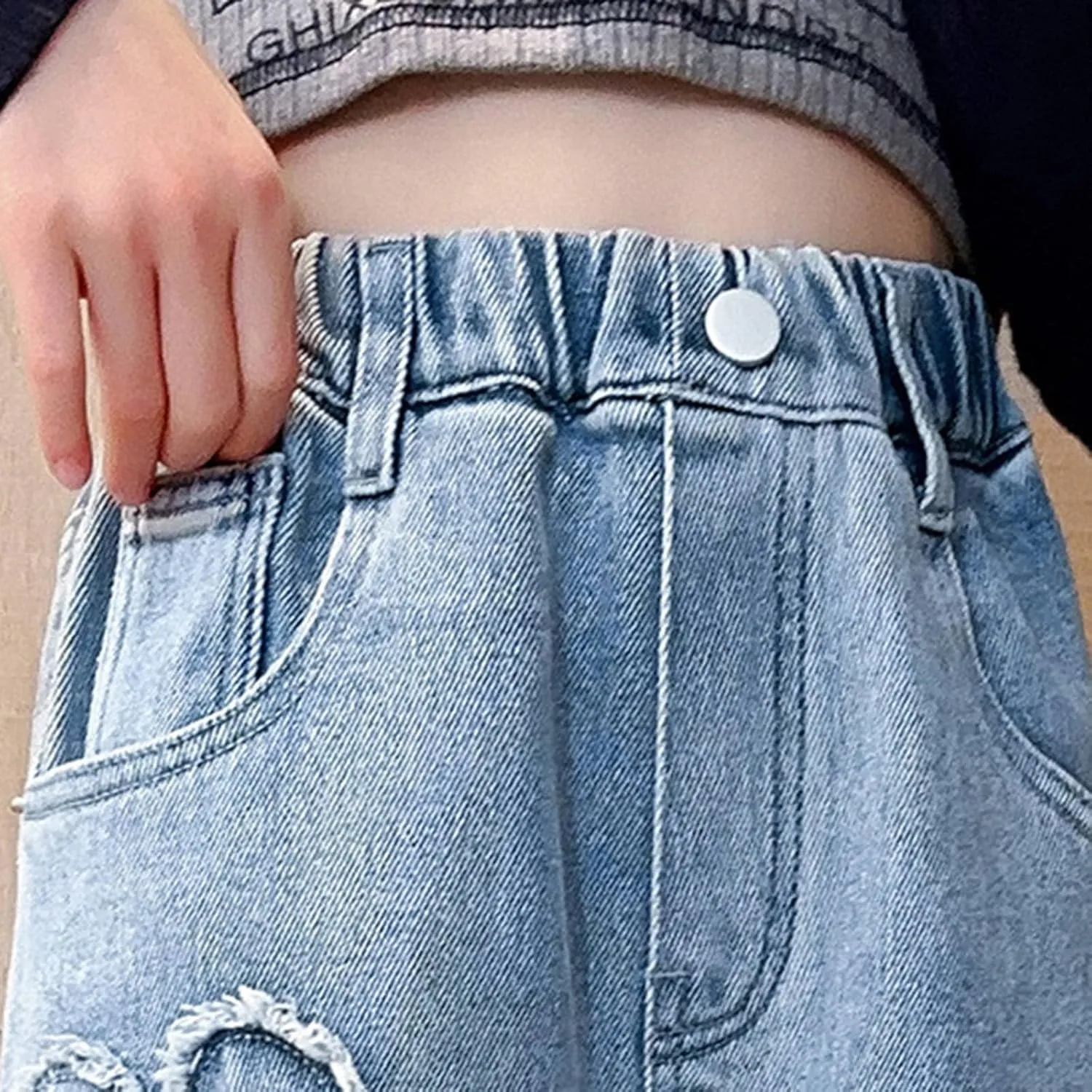 Girls Casual Wide Leg Jeans,Kids Ripped Distressed Washed Baggy Denim Pants Girl Casual Jeans with Pockets