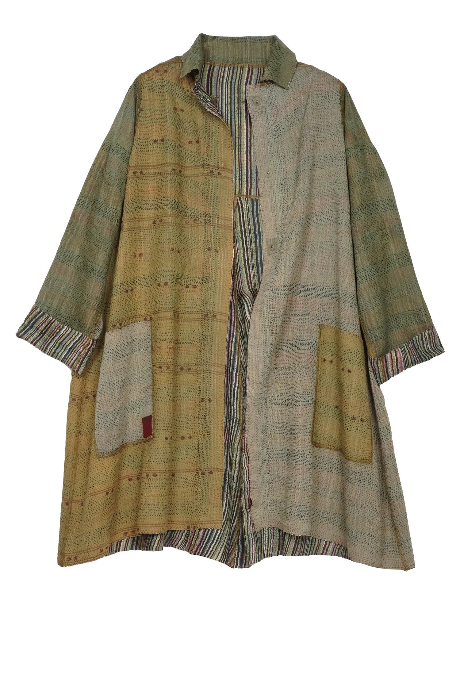 GREEN STRIPE W VINTAGE BACKING KANTHA A-LINE DUSTER - gt2311-grn -