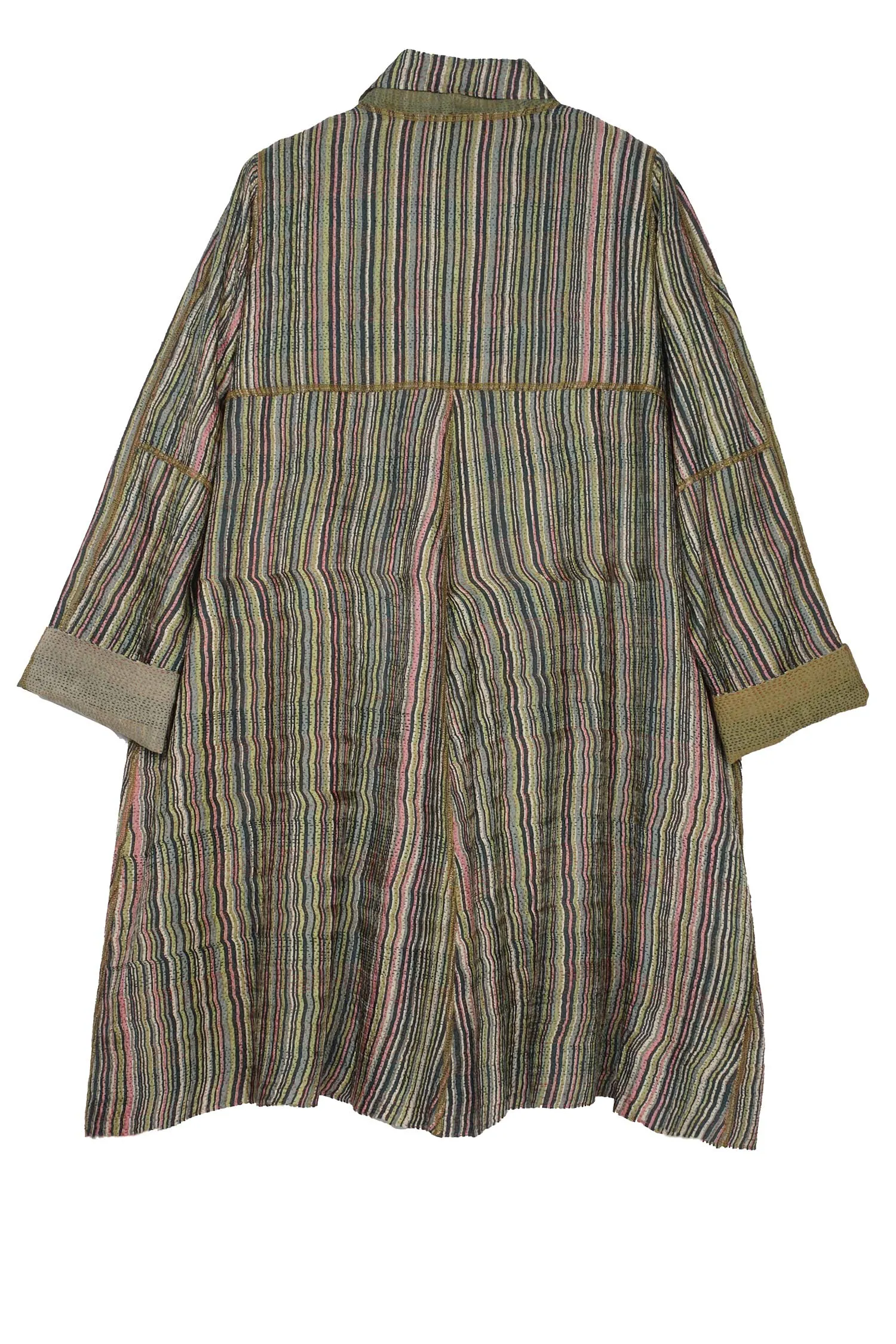 GREEN STRIPE W VINTAGE BACKING KANTHA A-LINE DUSTER - gt2311-grn -
