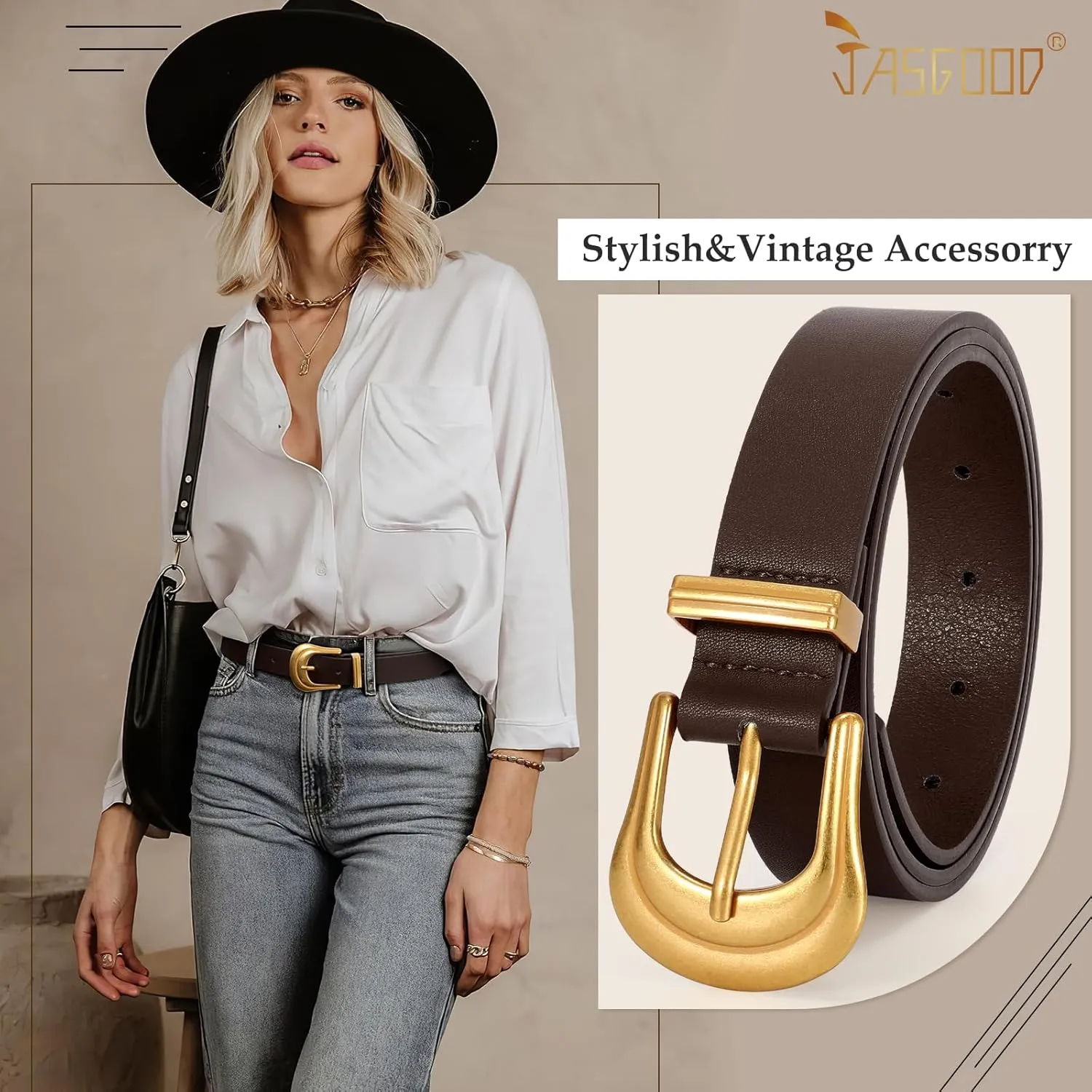 JASGOOD Women's Western Belt Vintage Black Leather Waist Belt for Pants Jeans with Gold Buckle
