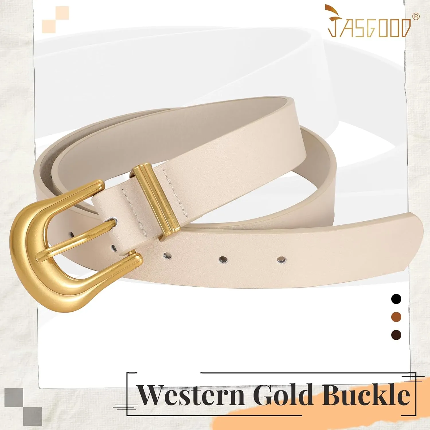JASGOOD Women's Western Belt Vintage Black Leather Waist Belt for Pants Jeans with Gold Buckle