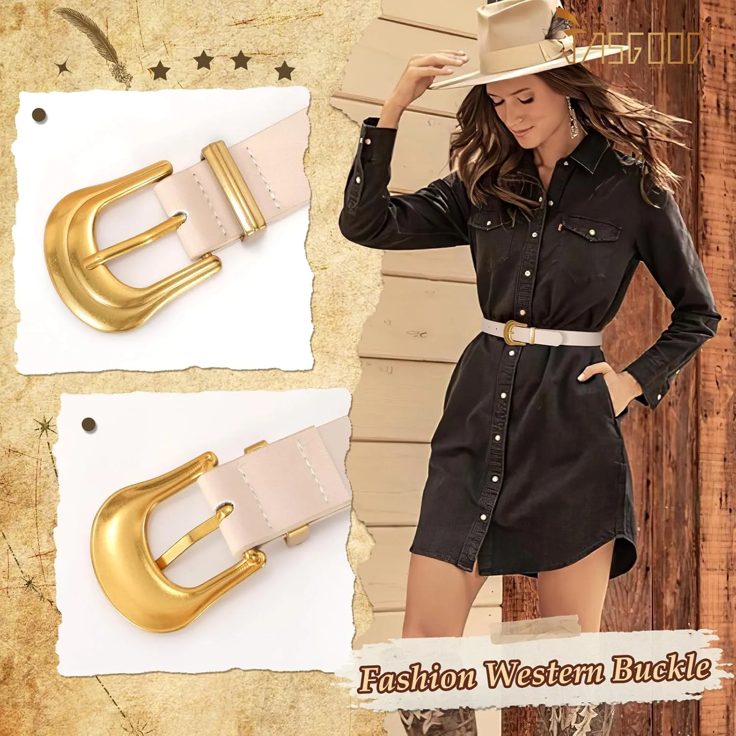 JASGOOD Women's Western Belt Vintage Black Leather Waist Belt for Pants Jeans with Gold Buckle