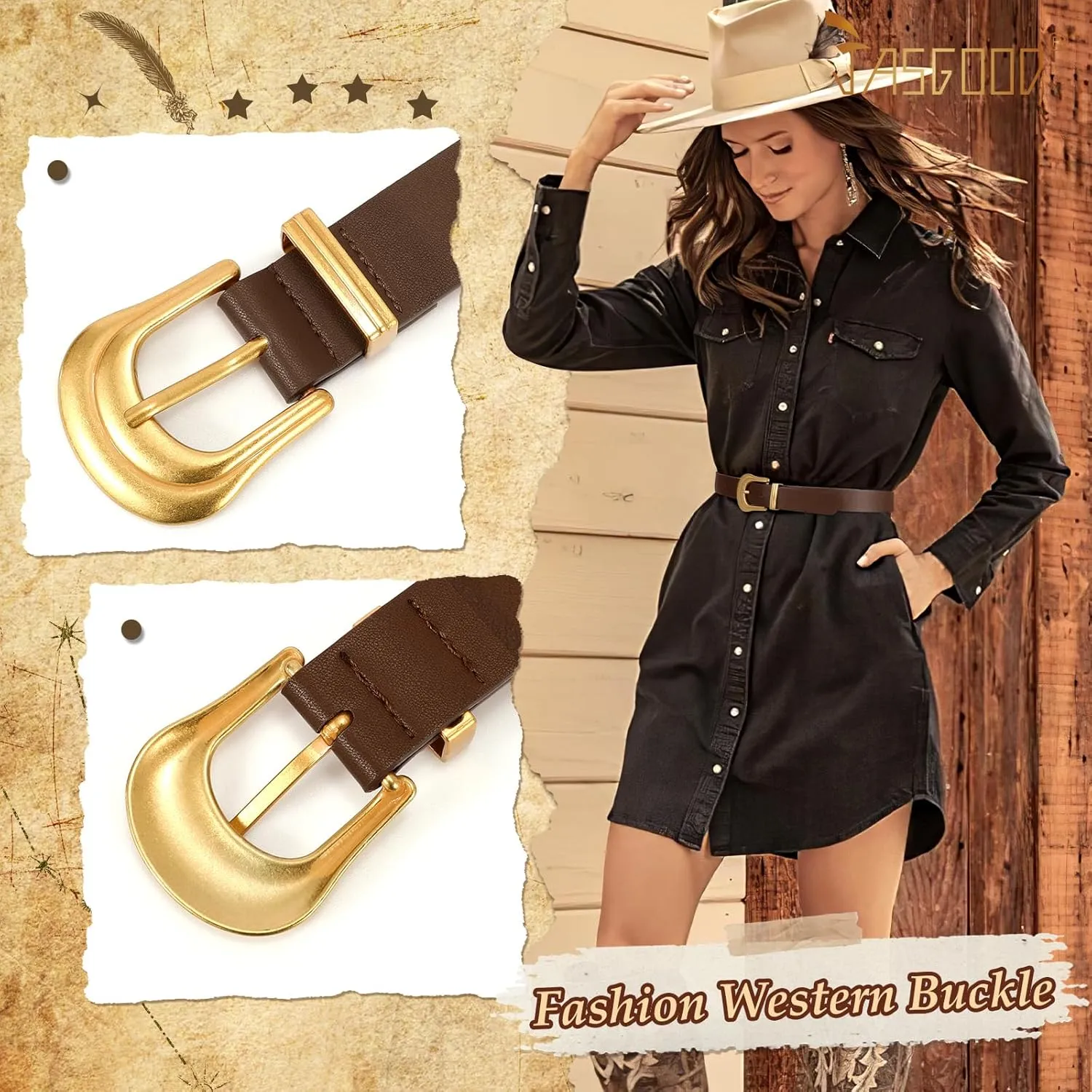 JASGOOD Women's Western Belt Vintage Black Leather Waist Belt for Pants Jeans with Gold Buckle
