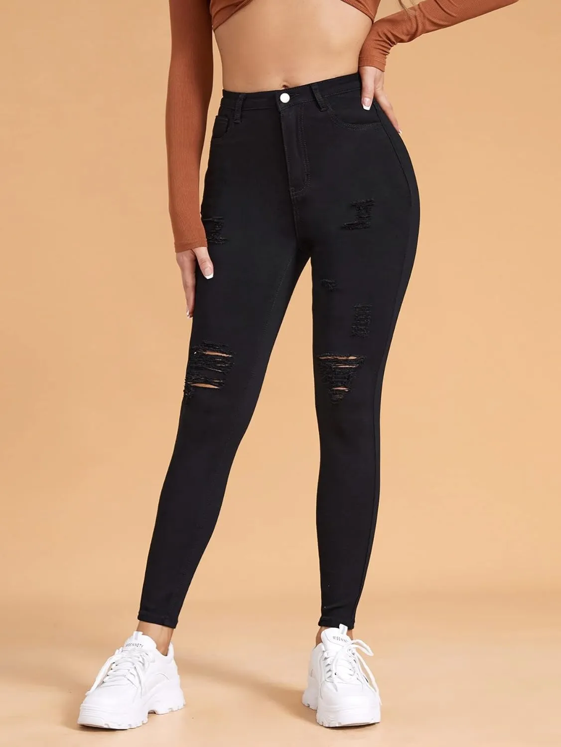 Jeans for Women Pants for Women Women's Jeans High Stretch Ripped Skinny Jeans (Size : Medium)