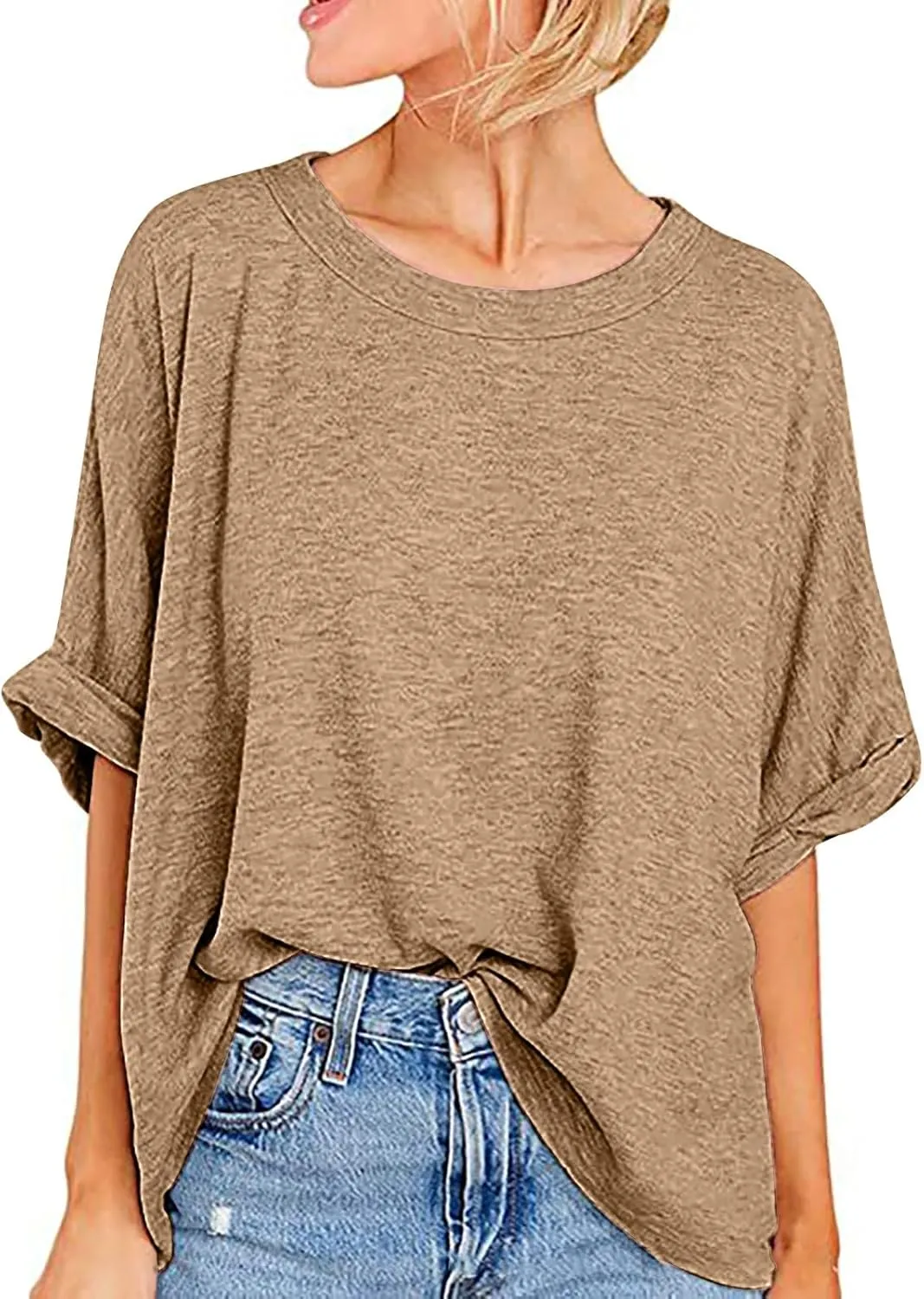 JOAU Women's Oversized T-Shirt Summer Casual Loose Fit Rolled Short Sleeve Round Neck Basic Tops Workout Gym Tee Shirts