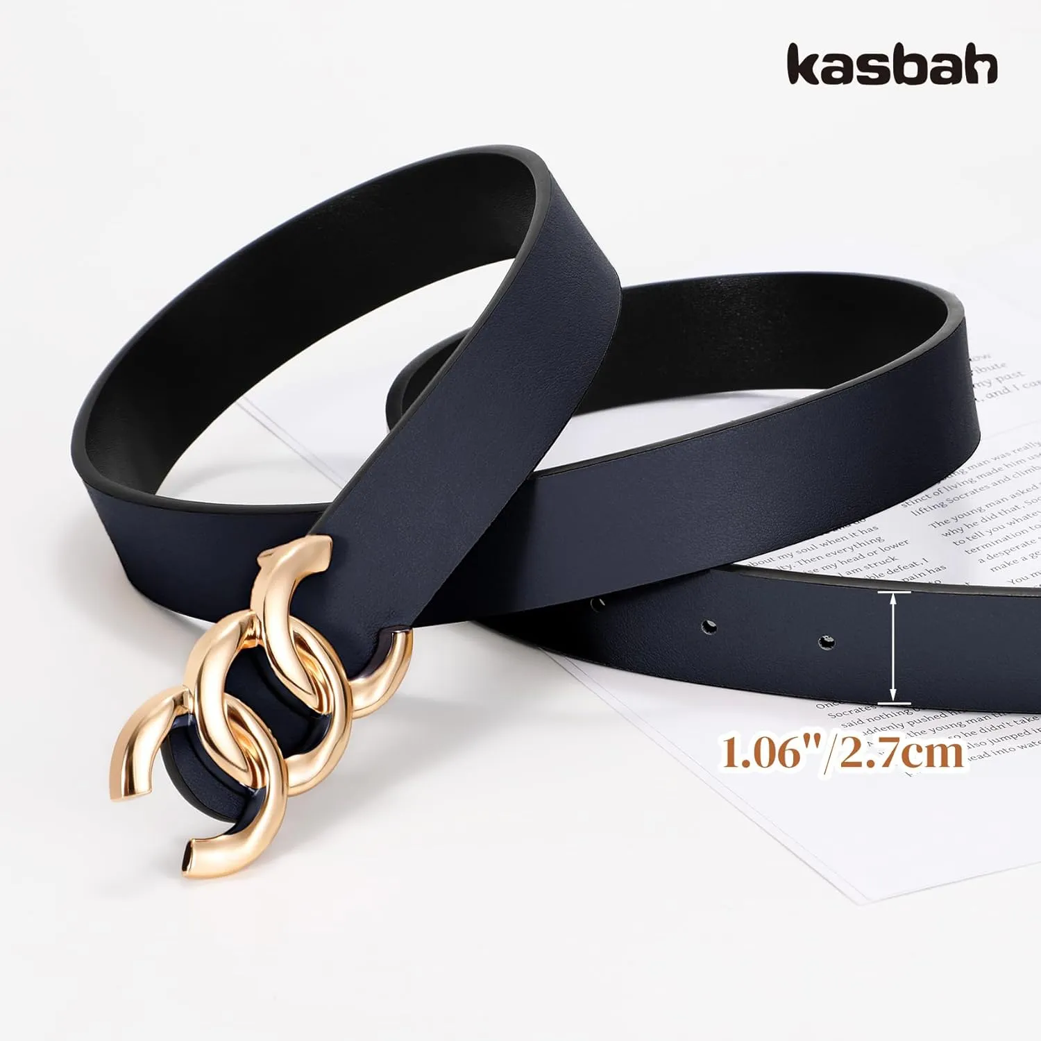 KASBAH Womens Reversible Leather Belt With Gold Buckle Two-in-One Ladies Waist Work Belt for Jeans Pants Dresses